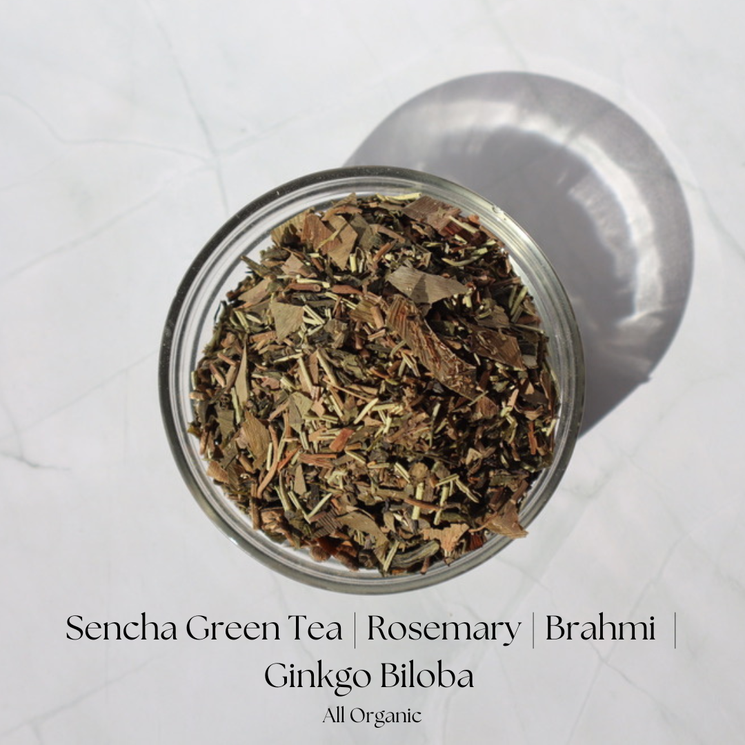 Organic Brain Booster Loose Leaf Herbal Focus Study Tea. Top View of Herbal Blend