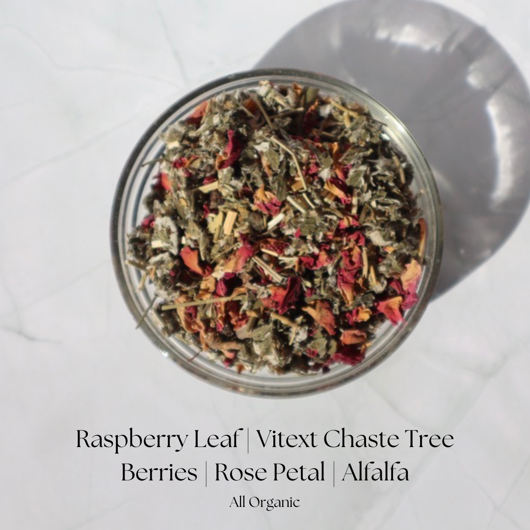 Organic Women's Blend Raspberry Leaf Loose Herbal Tea. Top View of Herbal Blend