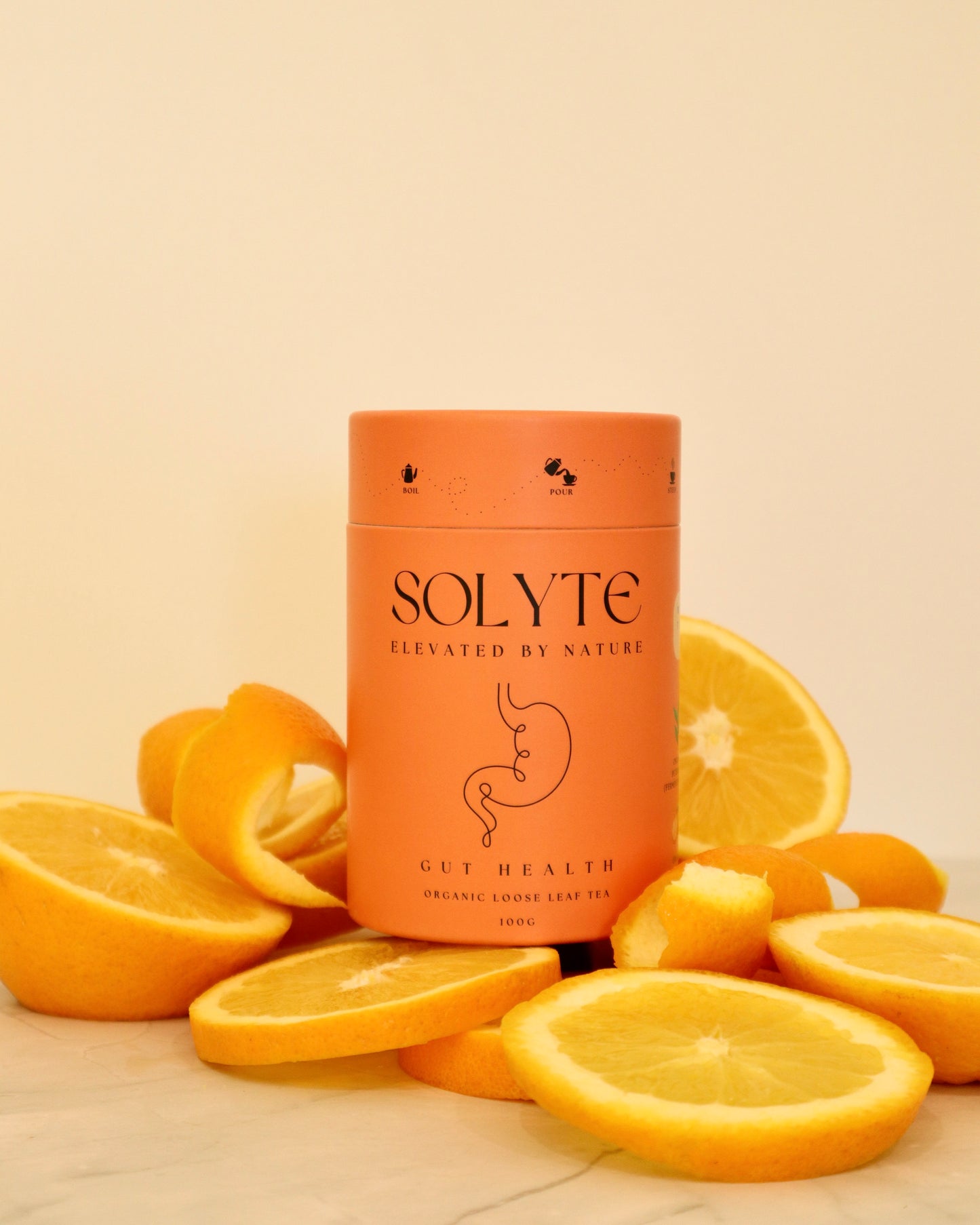 Organic Gut Health Loose Leaf Herbal Tea. Front View Oranges