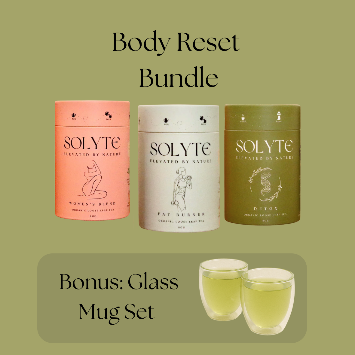 Three Solyte herbal loose leaf tea tubes with a bonus glass mug set on a green background.