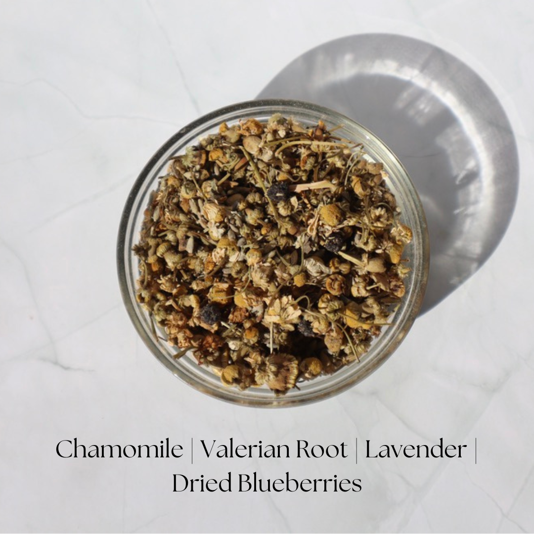 Deep Rest Loose Leaf Herbal Sleep Tea. Top View of Herbal Blend