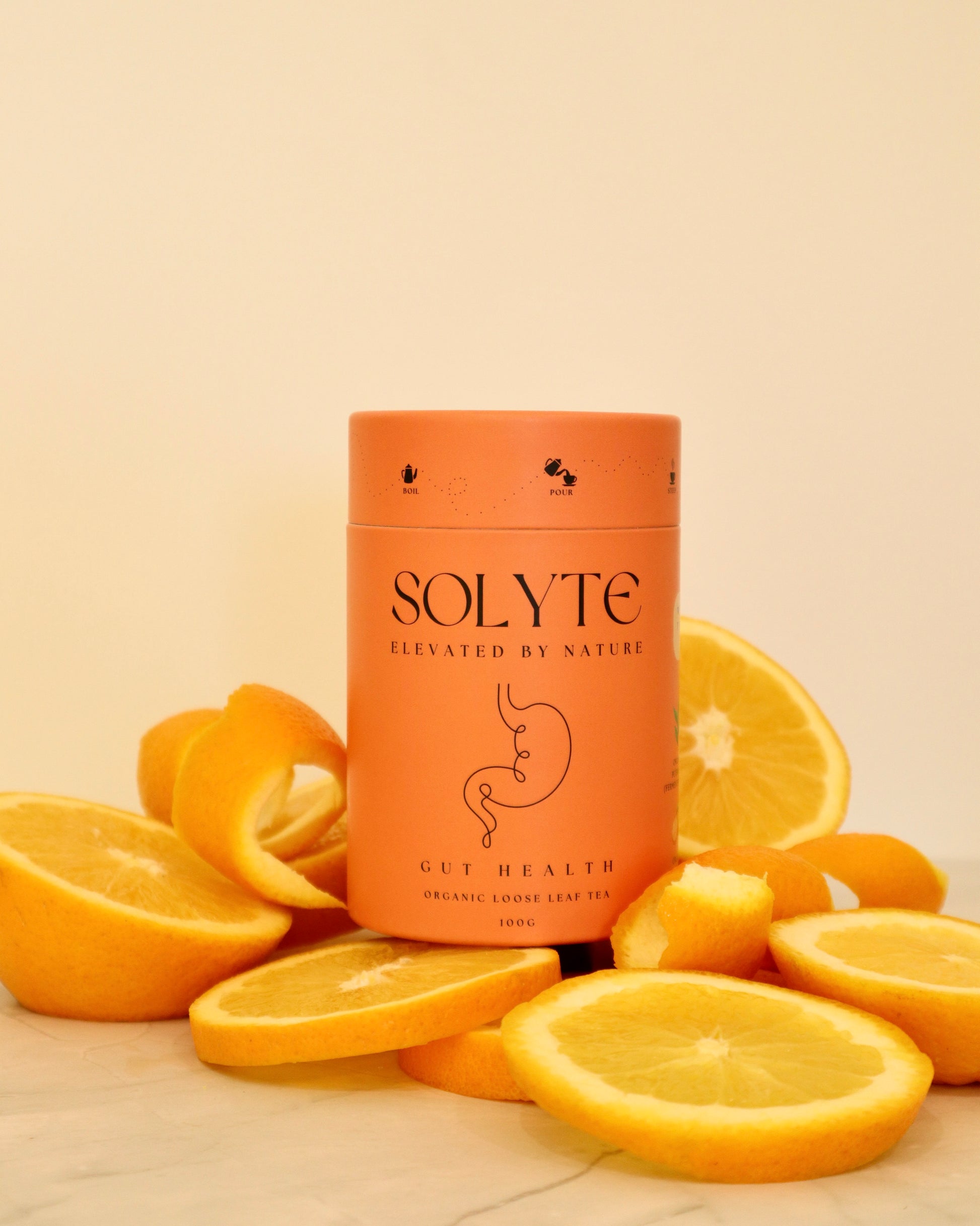 Organic Gut Health Loose Leaf Herbal Tea. Front View Oranges