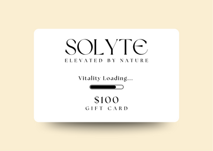 An image of a SOLYTE gift card with the text 'SOLYTE Elevated by Nature' and a progress bar loading indicator that reads 'Vitality Loading.
