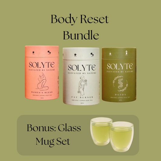 Three Solyte herbal loose leaf tea tubes with a bonus glass mug set on a green background.