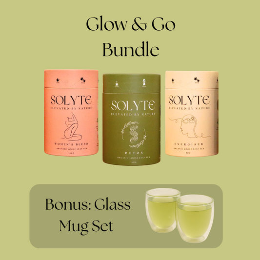 Three Solyte herbal loose leaf tea tubes with a bonus glass mug set on a light green background.