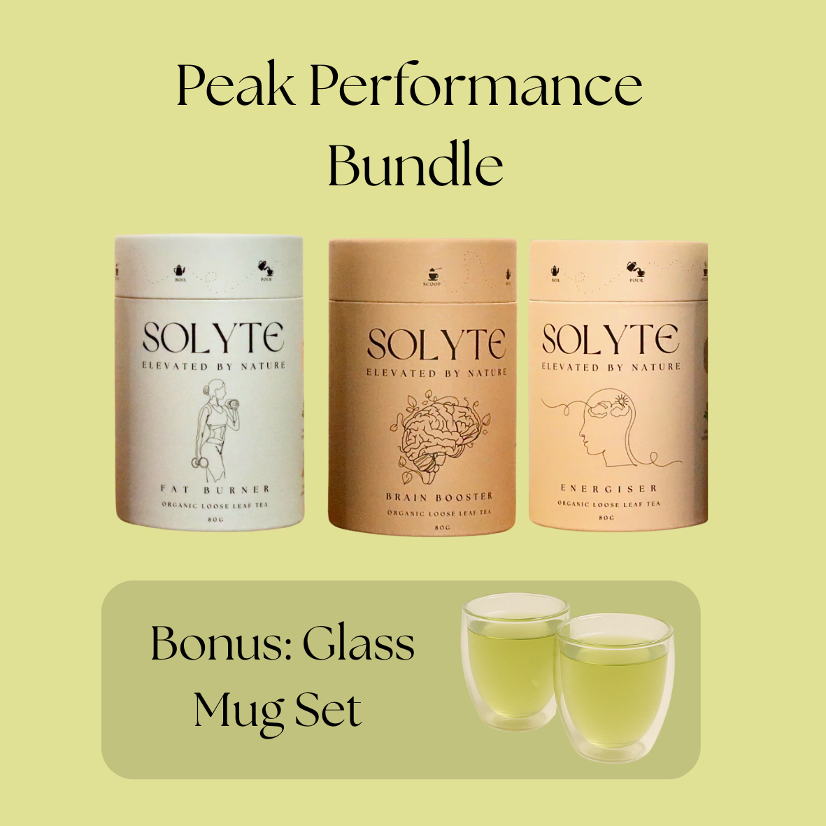 Three Solyte herbal loose leaf tea tubes with a bonus glass mug set on a light green background.
