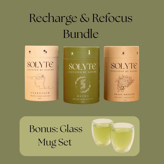 Three Solyte herbal loose leaf tea tubes with a bonus glass mug set on a green background.