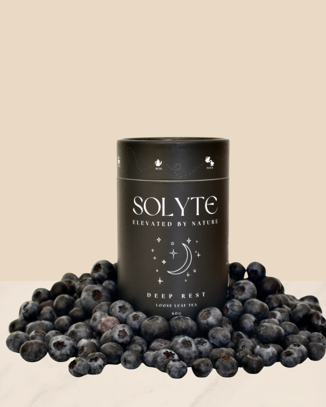 Deep Rest Loose Leaf Herbal Sleep Tea. Front View Blueberries
